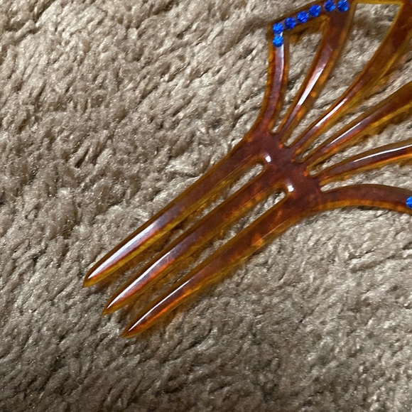 VTG Art Deco Celluloid Blue Rhinestone Hair Fork Comb - Picture 5 of 5